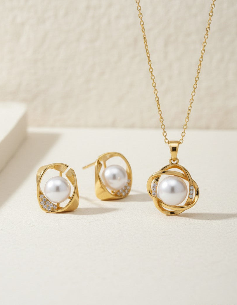 Geometry Sparkly Gold Pearl Set Earrings and Necklace