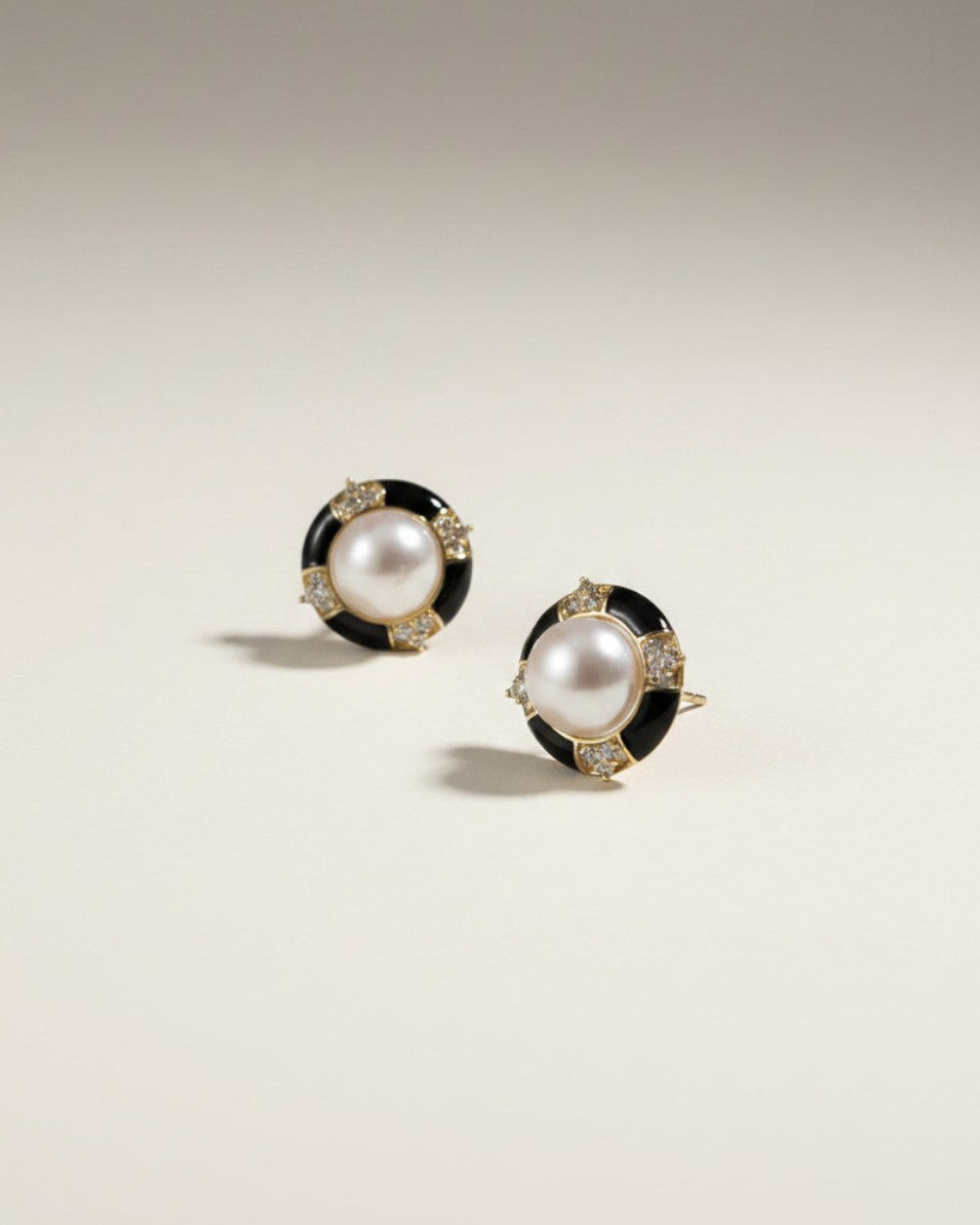 Black and Gold Rhinestone Wheel Freshwater Pearls Stud Earrings