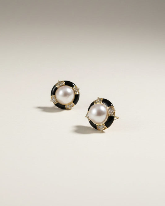 Black and Gold Rhinestone Wheel Freshwater Pearls Stud Earrings