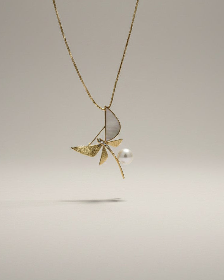 Golden Dragonfly Moonstone Freshwater Pearls Brooch & Pendant 2-in-1