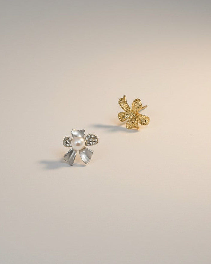 Gold Leafed Flower Freshwater Pearls Stud Earrings