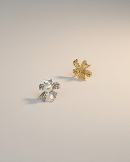 Gold Leafed Flower Freshwater Pearls Stud Earrings