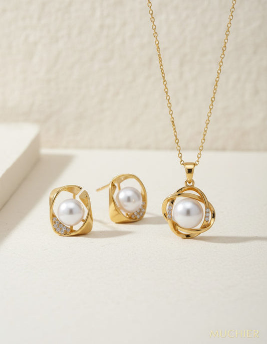 Geometry Sparkly Gold Pearl Set Earrings and Necklace