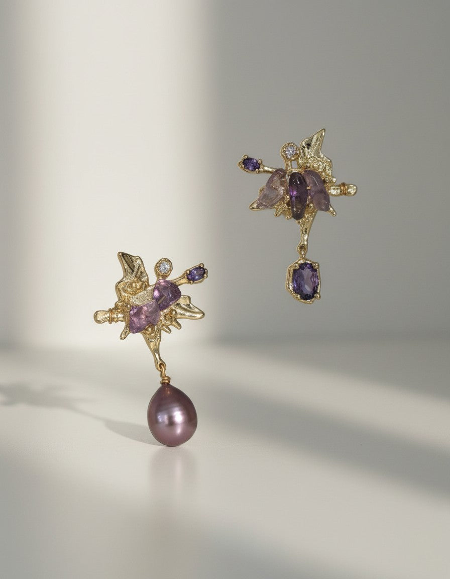 MuchiGold plated dangle earrings with raw amethyst stones, diamonds, and mauve baroque pearls.