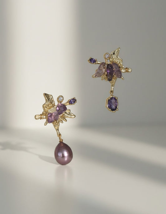 MuchiGold plated dangle earrings with raw amethyst stones, diamonds, and mauve baroque pearls.