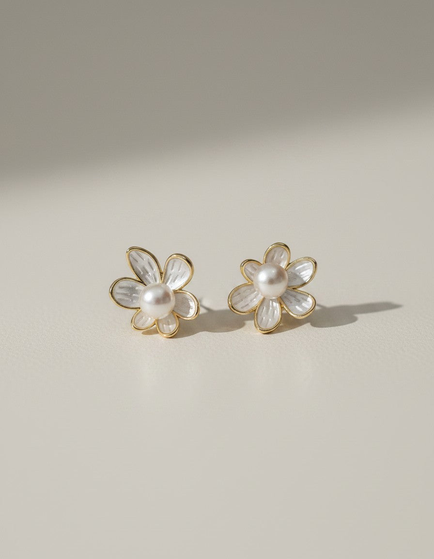 Muchic Flower Pearl Stud Earrings with white enamel petals and gold-tone trim, featuring a faux pearl center.