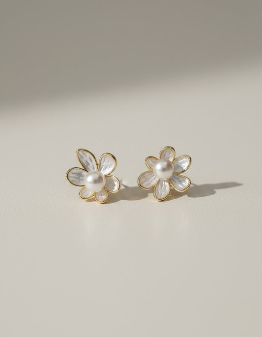 Muchic Flower Pearl Stud Earrings with white enamel petals and gold-tone trim, featuring a faux pearl center.