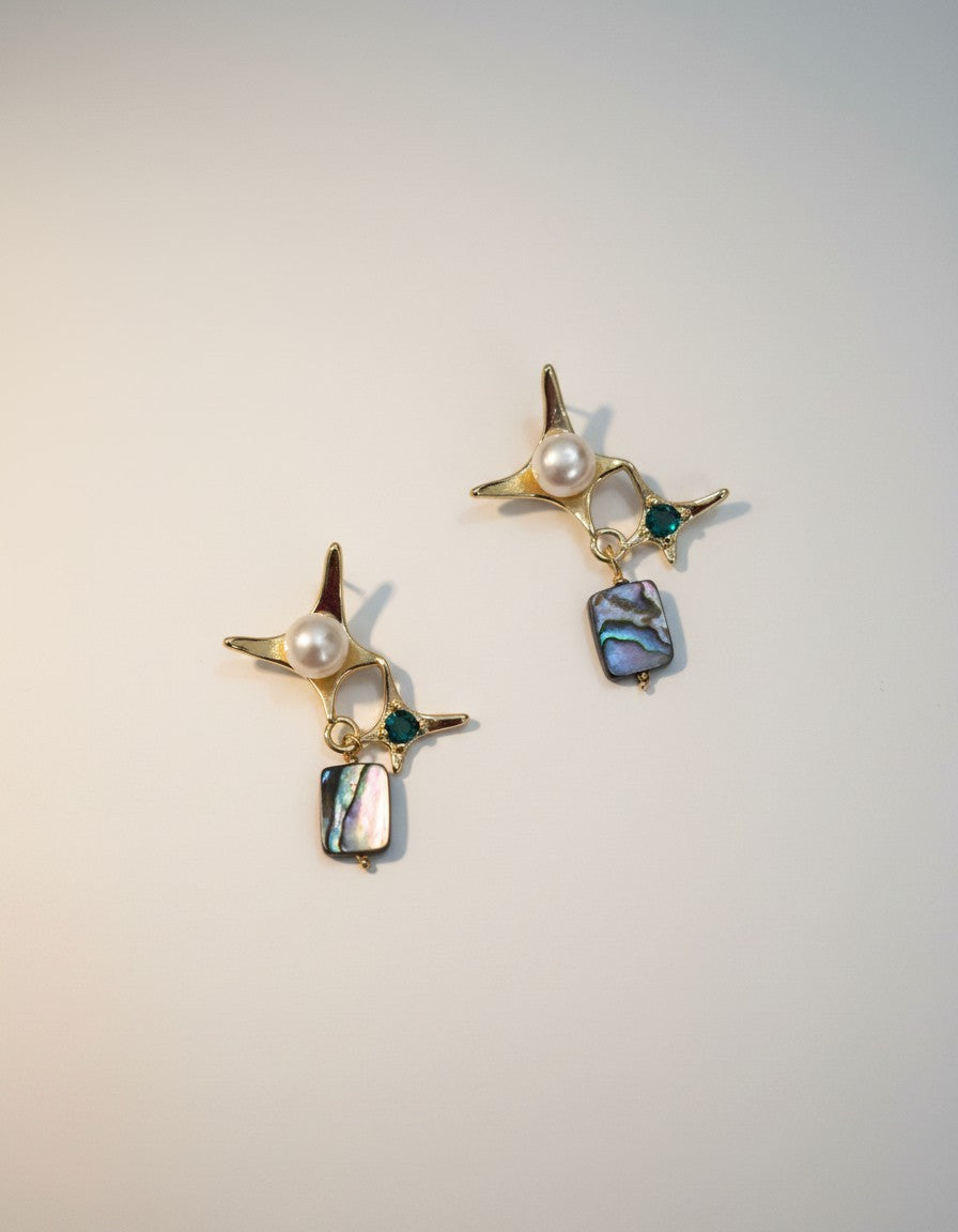 Muchier gold-tone drop earrings with pearl, green gemstone, and iridescent abalone shell pendant.